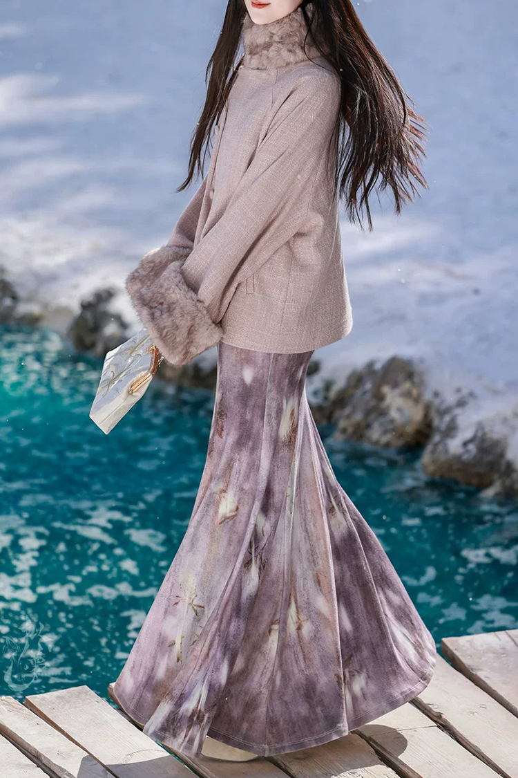 Spring Women Fishtail Skirt Feminine Style Purple Dress