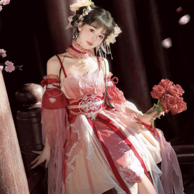 Summer Women Pink Dress Elegant Set with Hanfu Elements