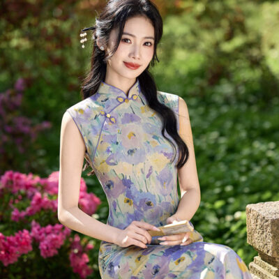Women Summer Qipao Long Style Sleeveless Floral Dress