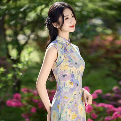 Women Summer Qipao Long Style Sleeveless Floral Dress