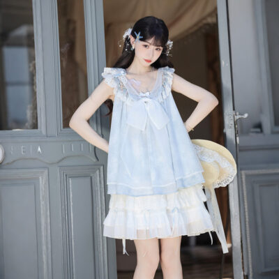 Women Casual Hanfu-Inspired Sleeveless Outfit in Blue Tones