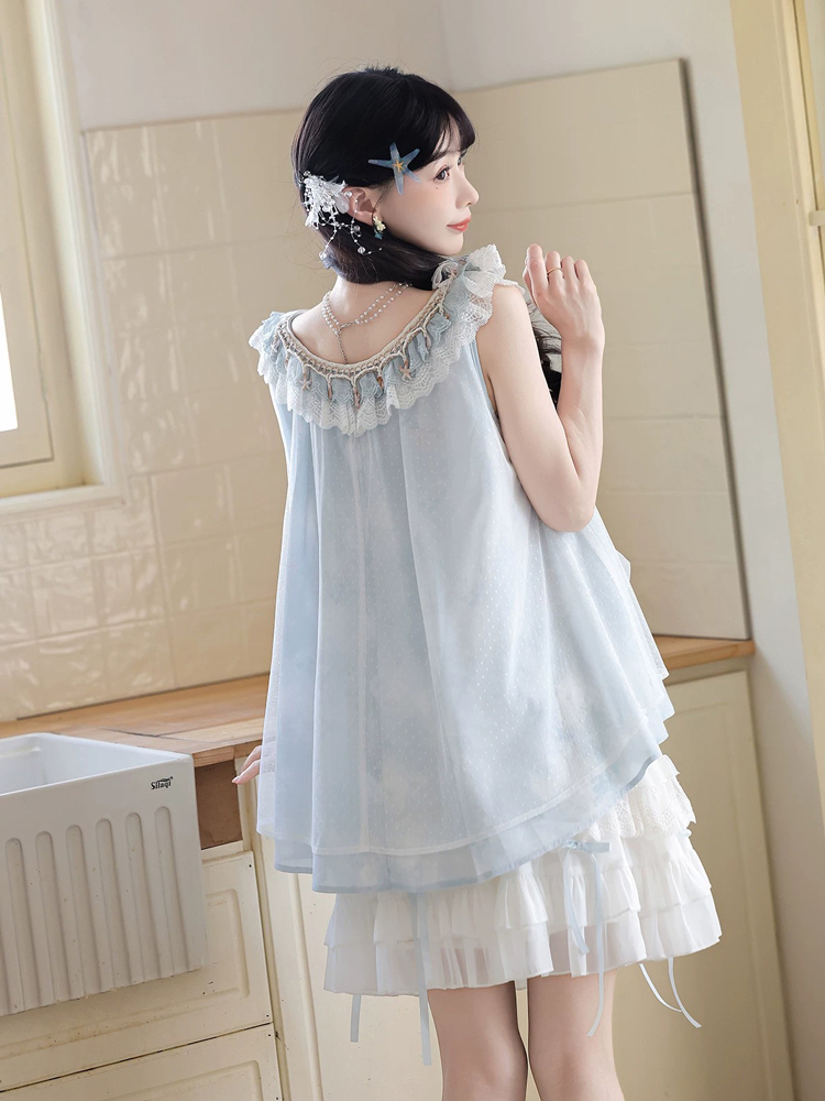 Women Casual Hanfu-Inspired Sleeveless Outfit in Blue Tones