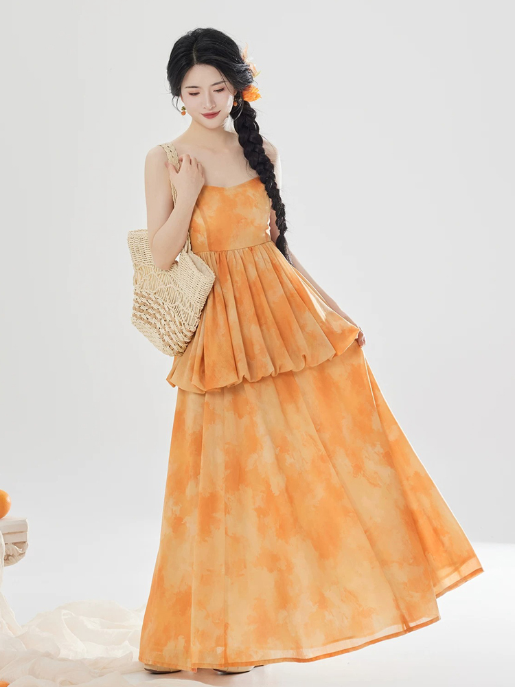 Women Fashionable Hanfu Set Summer Orange Skirt Tang Dynasty Style