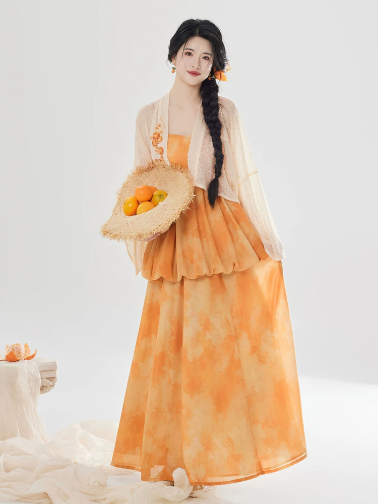 Women Fashionable Hanfu Set Summer Orange Skirt Tang Dynasty Style