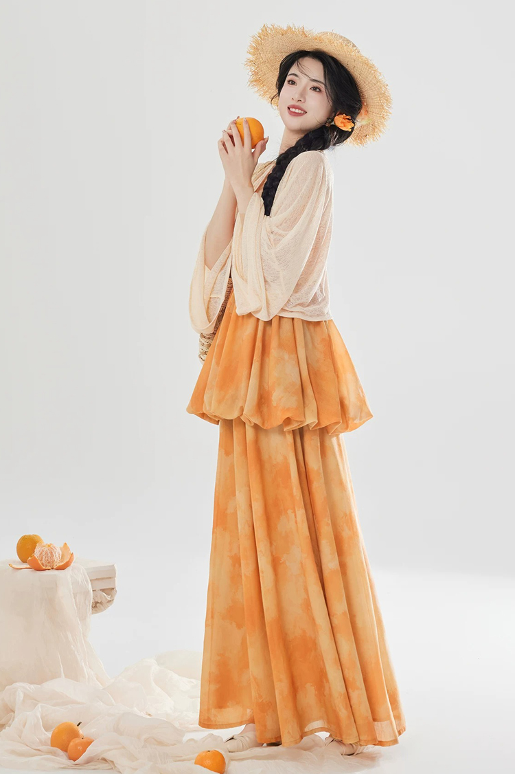 Women Fashionable Hanfu Set Summer Orange Skirt Tang Dynasty Style