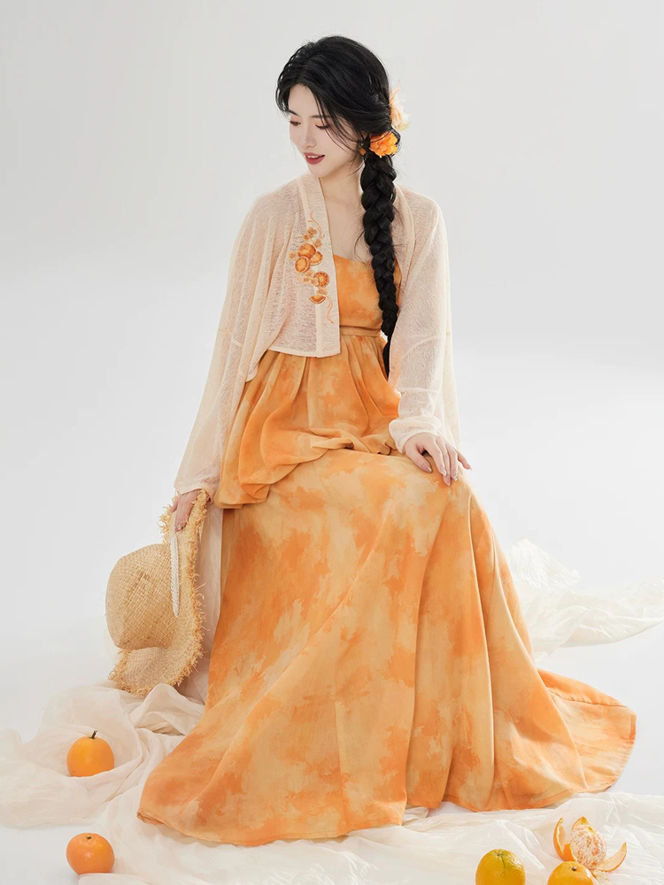 Women Fashionable Hanfu Set Summer Orange Skirt Tang Dynasty Style