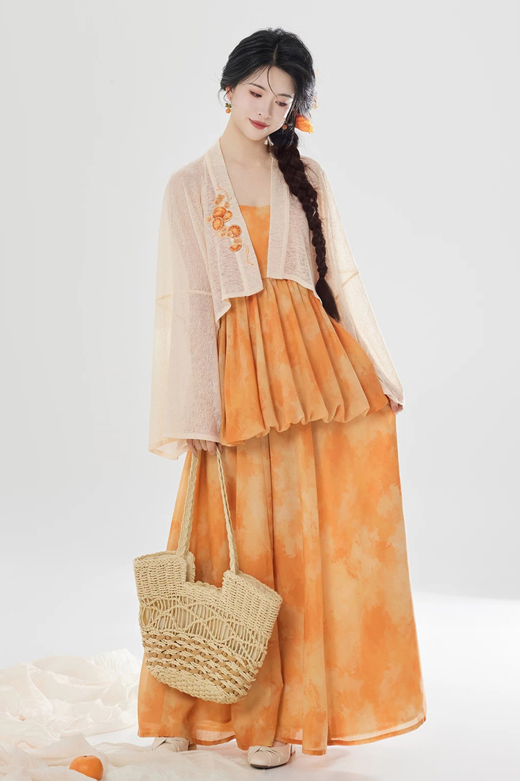 Women Fashionable Hanfu Set Summer Orange Skirt Tang Dynasty Style