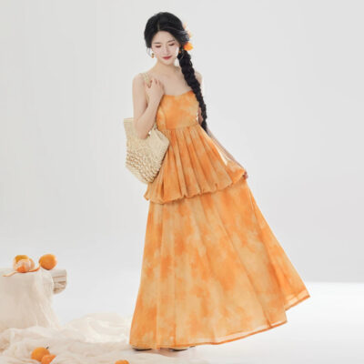 Women Fashionable Hanfu Set Summer Orange Skirt Tang Dynasty Style