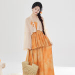 Women Fashionable Hanfu Set Summer Orange Skirt Tang Dynasty Style