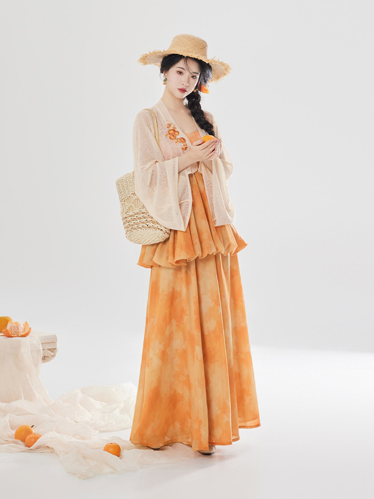 Women Fashionable Hanfu Set Summer Orange Skirt Tang Dynasty Style
