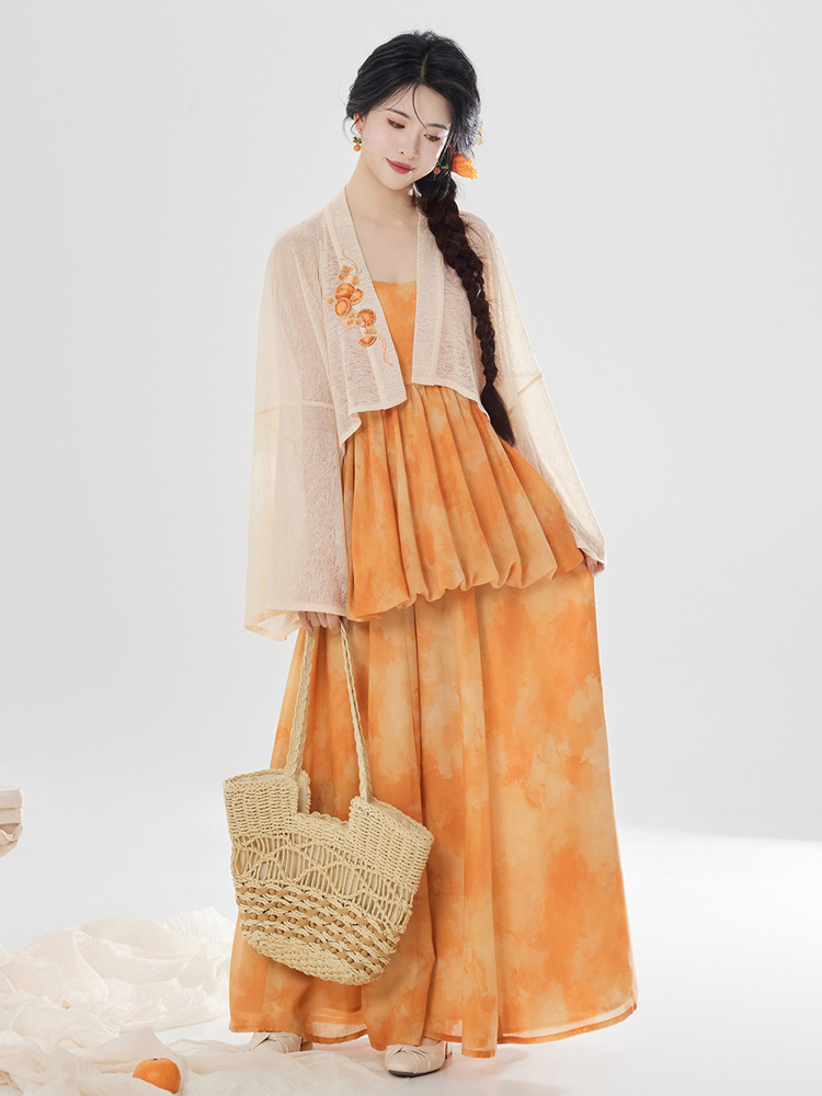 Women Fashionable Hanfu Set Summer Orange Skirt Tang Dynasty Style