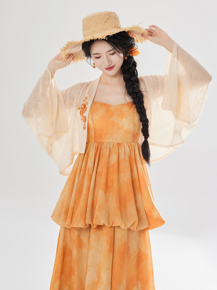 Women Fashionable Hanfu Set Summer Orange Skirt Tang Dynasty Style