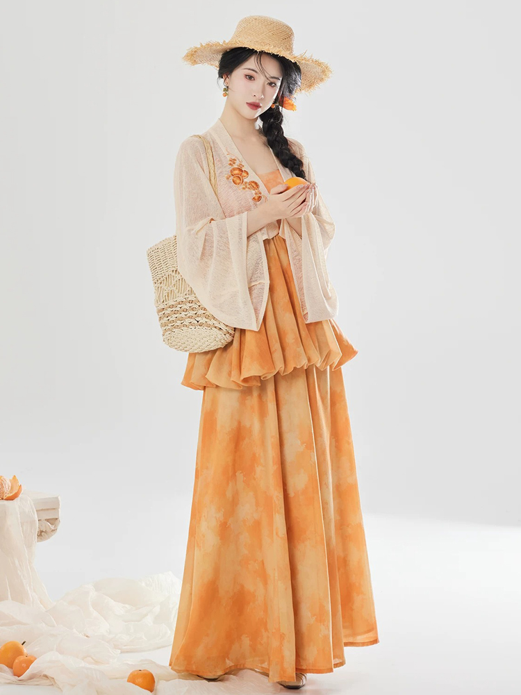 Women Fashionable Hanfu Set Summer Orange Skirt Tang Dynasty Style