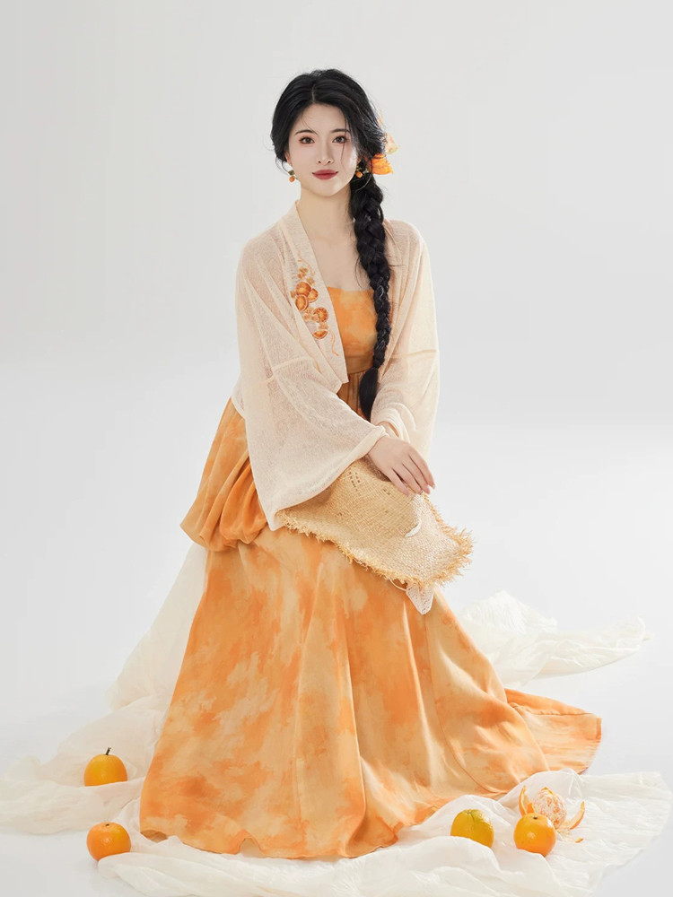 Women Fashionable Hanfu Set Summer Orange Skirt Tang Dynasty Style