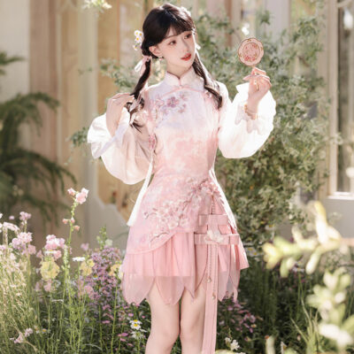 Women Spring Pink Qipao Set Cute-Style Dress