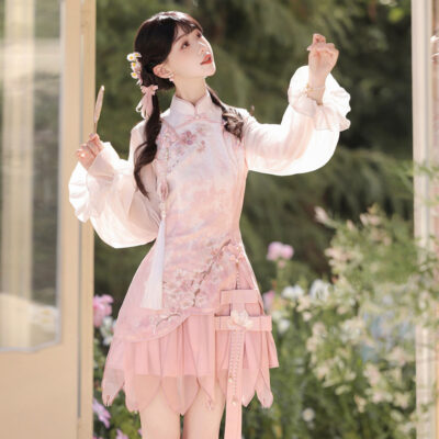 Women Spring Pink Qipao Set Cute-Style Dress