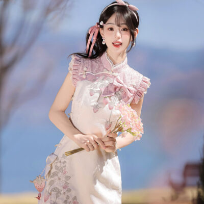 Women Summer Retro Qipao with Chinese-Inspired and Strawberry-Themed Casual Set