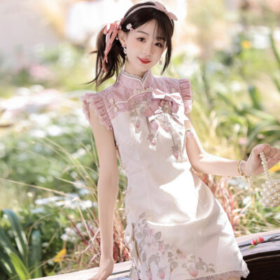 Women Summer Retro Qipao with Chinese-Inspired and Strawberry-Themed Casual Set