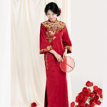 Women Wedding Attire Red Traditional Qipao Gown Paired with Yunjian